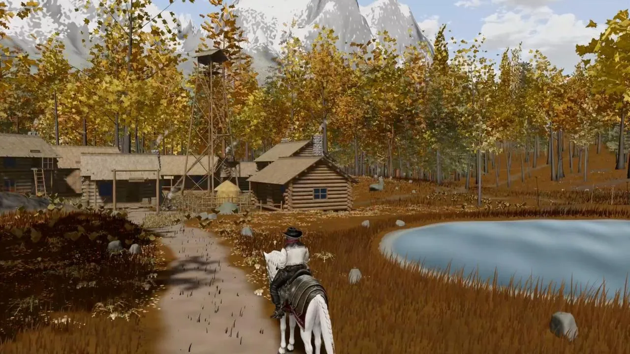 A browser-based 3D open world scene from the Kimi K3 blog, with a rider on horseback beside water, trees, cabins, and snowy mountains.