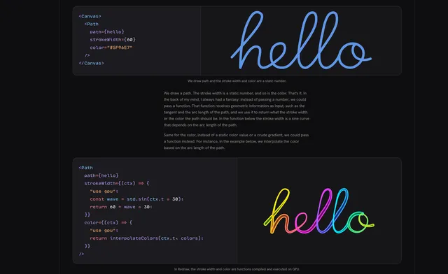 Redraw examples show programmable WebGPU path rendering effects on Bézier curves and interface-like shapes.